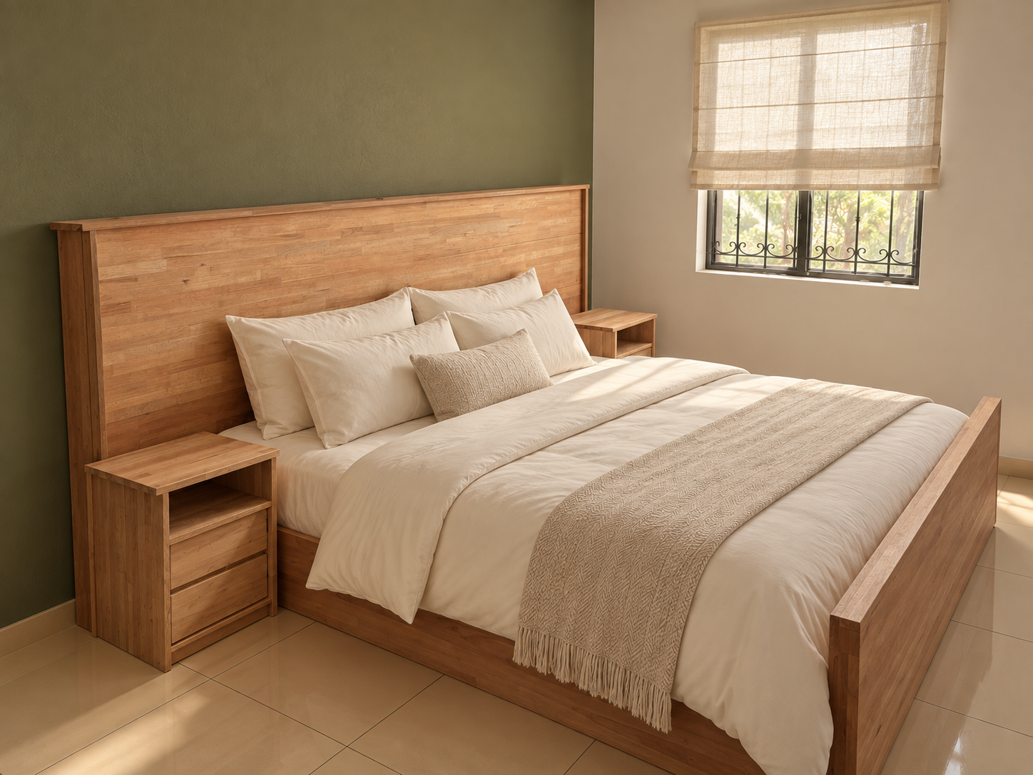 Lit en bois sur mesure et tables de nuit assorties, avec linge de lit clair, mur olive et store bateau beige