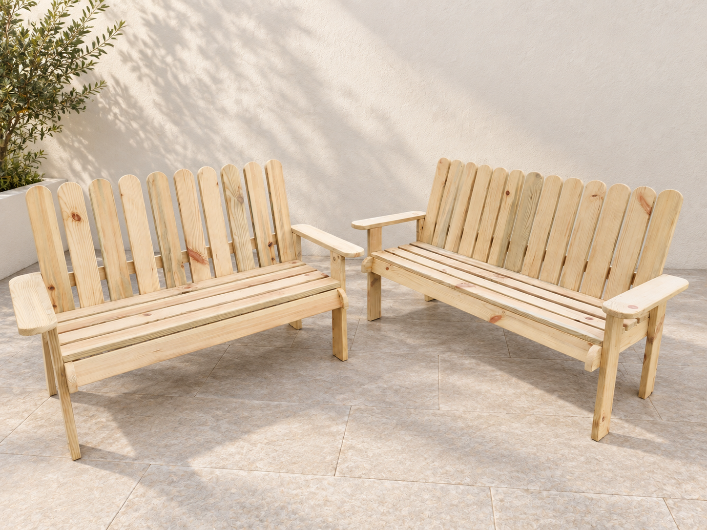 Deux bancs de jardin fabriqués à la main en bois naturel brut