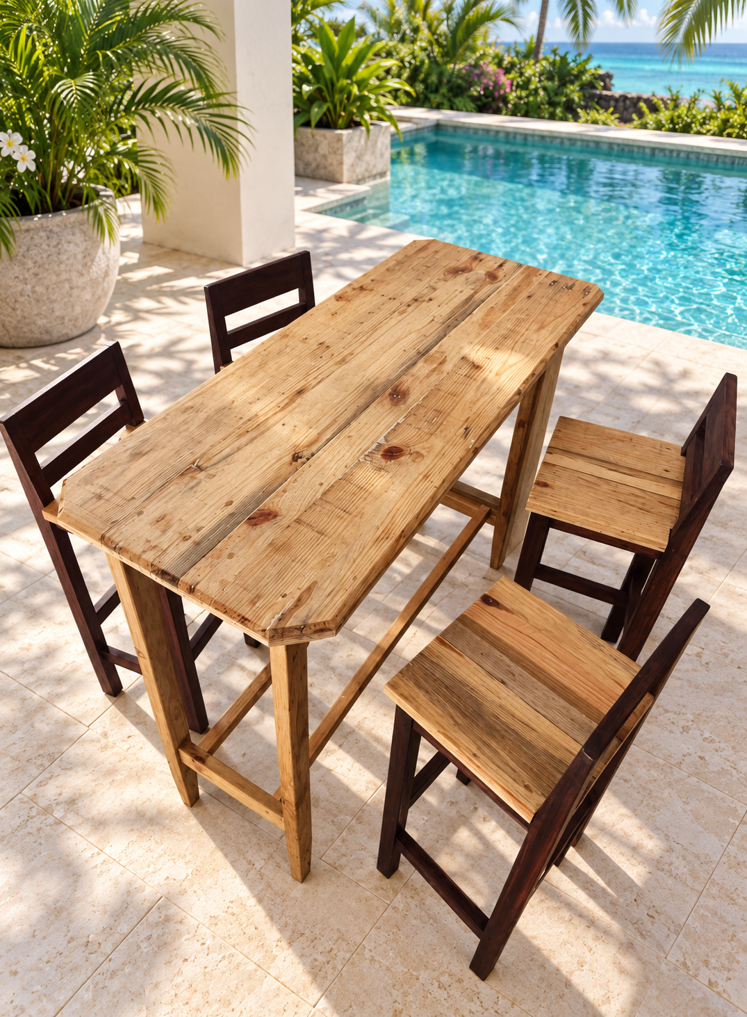 Table de repas en bois et quatre chaises assorties sur une terrasse avec piscine et plantes tropicales