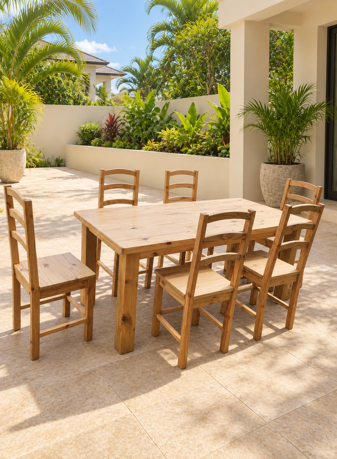 Table de repas en bois naturel avec six chaises assorties sur une terrasse extérieure entourée de plantes tropicales